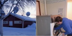 Till vänster: Ett snötäckt hus med två paraboler på taket, som påminner om fridfulla Överkalixbostäder, omgivet av kala träd. Till höger: En person i en blå luvtröja lastar in kläder i en tvättmaskin inomhus och för in värme i sina mysiga hyreslägenheter.