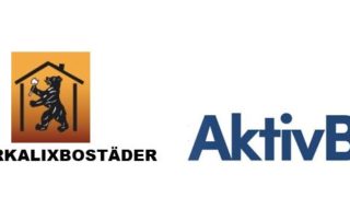 Logotypbild som visar ett brunt och svart emblem med en björn under tak till vänster, som symboliserar Överkalixbostäders engagemang för kvalitetshyreslägenheter. Till höger står ordet AktivBo i mörkblå text.