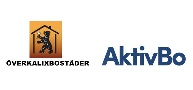 Logotypbild som visar ett brunt och svart emblem med en björn under tak till vänster, som symboliserar Överkalixbostäders engagemang för kvalitetshyreslägenheter. Till höger står ordet AktivBo i mörkblå text.