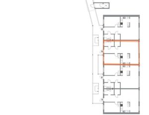 Ritning av två fastigheter. Ritningen visar 4 st lägenheter varav en är markerad med orange färg.