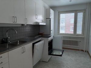 Kök med vita skåpluckor, diskmaskin, spis och kyl/frys. I bakgrunden ett fönster.