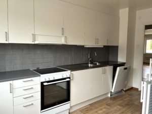 Kök med vita skåpluckor, spis och diskmaskin. Grått kakel och mörk bänkskiva.