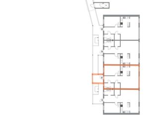 Ritning av en fastighet. Ritningen visar 4 st lägenheter varav en är markerad med orange färg.