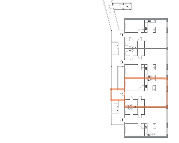 Ritning av två fastigheter. Ritningen visar 4 st lägenheter varav en är markerad med orange färg.
